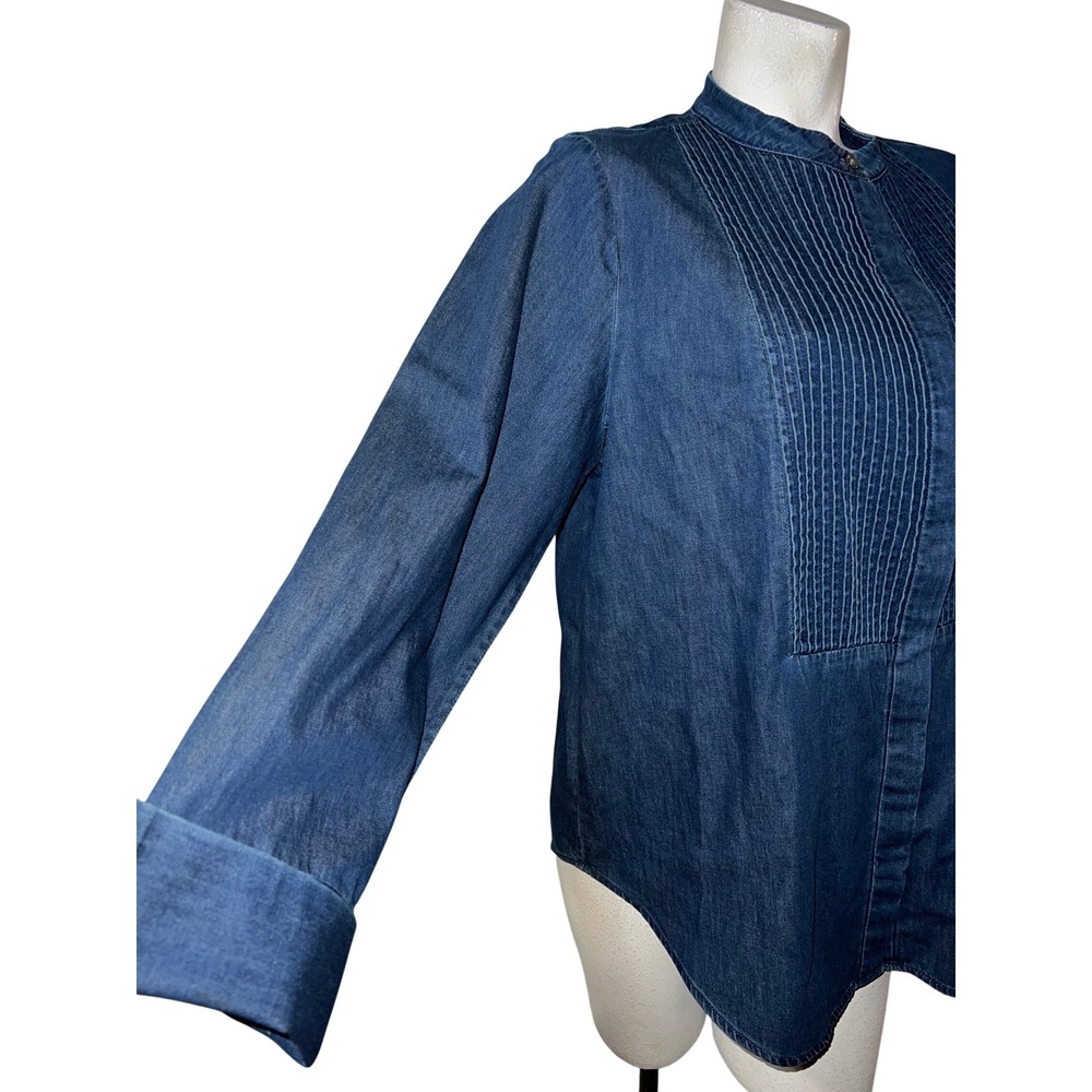 Banana Republic Top Size XL Dark Wash Denim Pleated Tuxedo Bib Shirt Band Collar - Picture 4 of 8